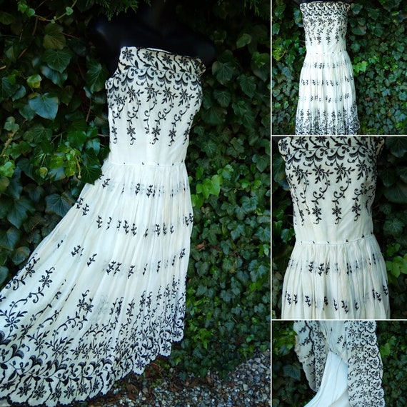 1950s black and white strapless dress