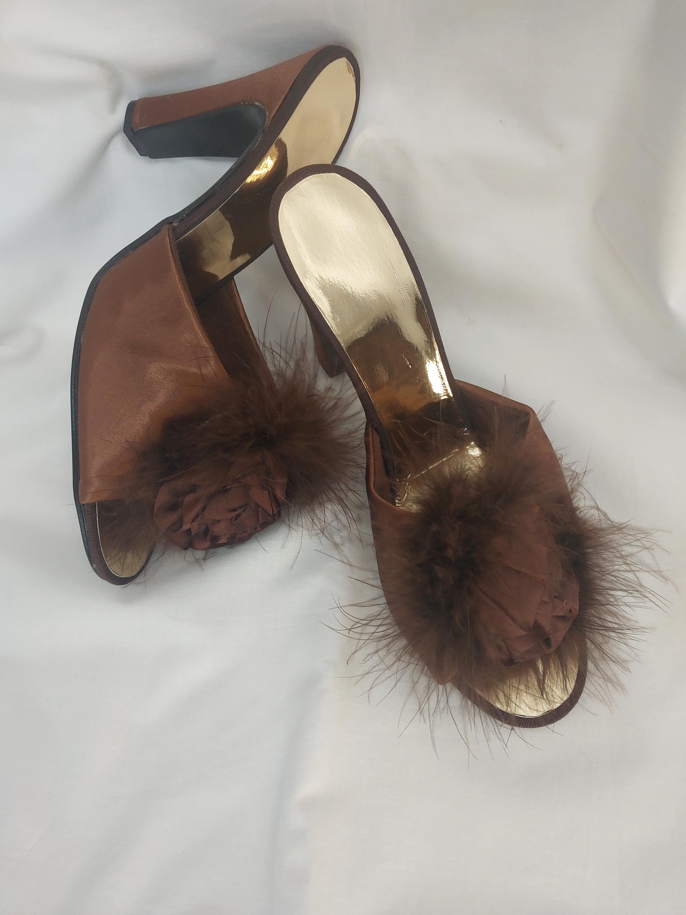Vintage Bronze Marabou trimmed satin mules