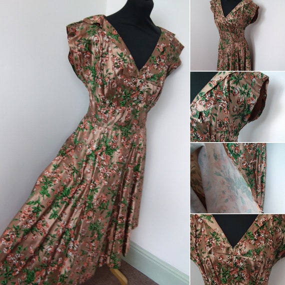 1950s Rust Rose print taffeta silk dress