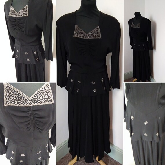 1940s black beaded rayon dress