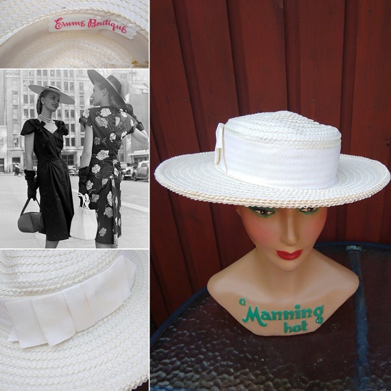 1940s Cream straw large boater hat