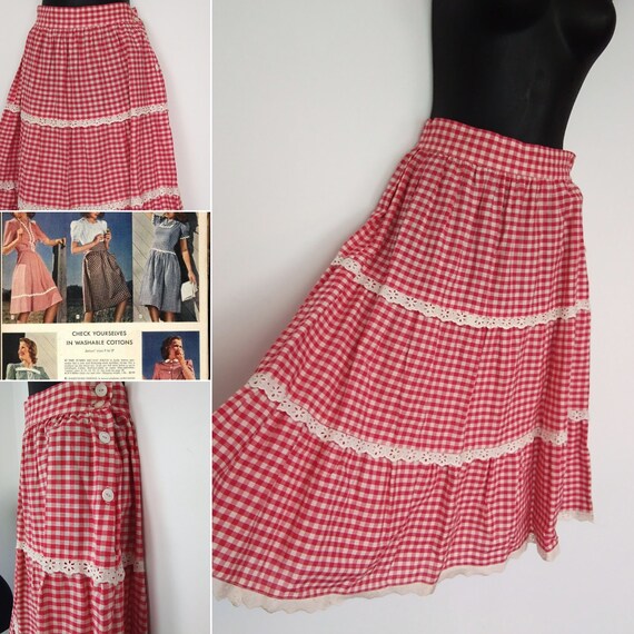 1940s red and white gingham tiered skirt