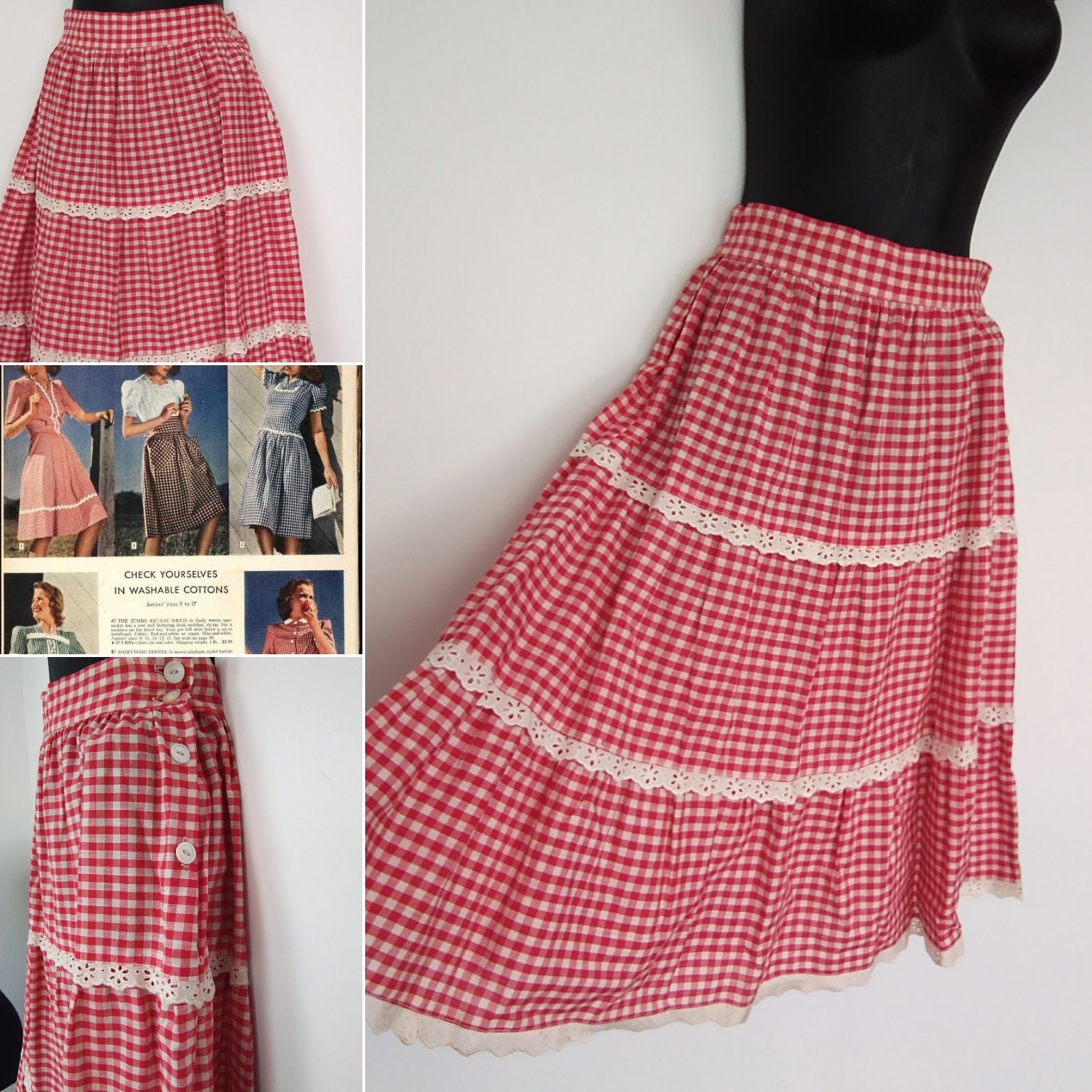 Image of S Red & White Gingham Tiered Skirt