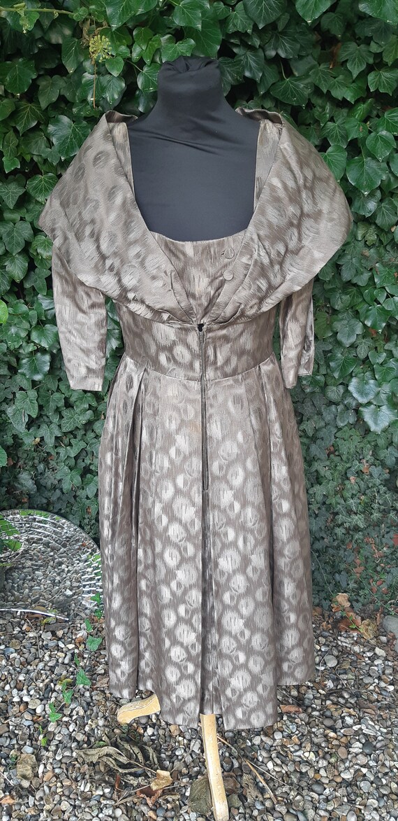 1950s satin brocade shawl collar dress