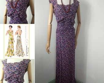 1930s purple pansy print silk  dress