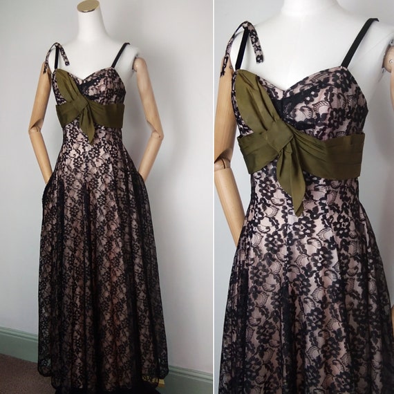 1940s Long black lace over lay dress with satin b… - image 1