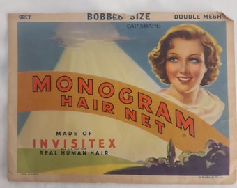 May include: Vintage hair net packaging with the text "MONOGRAM HAIR NET" in orange and the words "MADE OF INVISITEX REAL HUMAN HAIR." The packaging features a woman's portrait and the words "BOBBED SIZE" and "DOUBLE MESH."