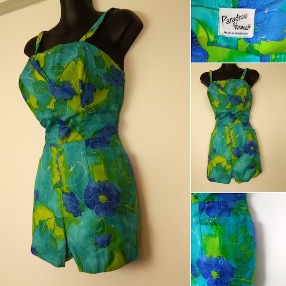 1950s green and blue chiffon playsuit