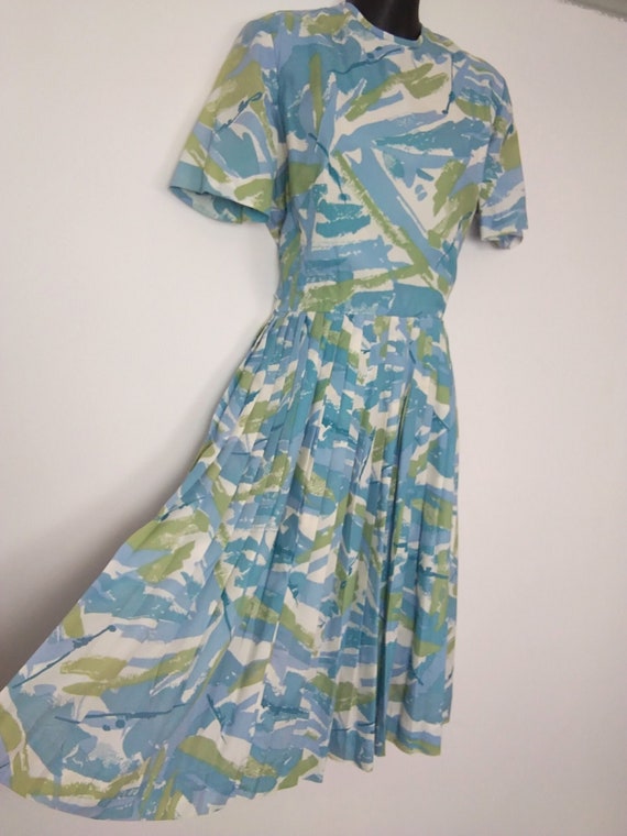 1950s blue and green pleated dress