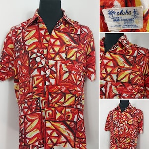 Camisa hawaiana/tiki con estampado de rayos de sol Aloha de los años 50