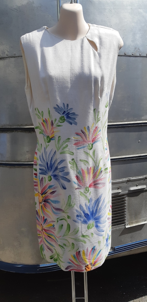1950s handpainted white linen dress