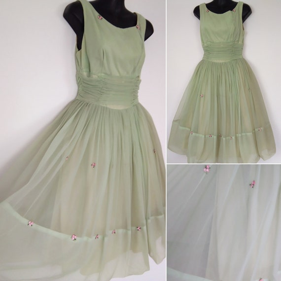 1950s apple green chiffon dress