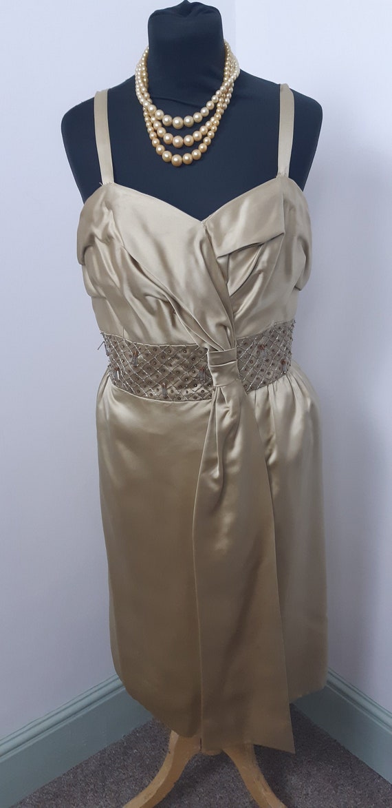 1950s Frank Usher Gold beaded cocktail dress