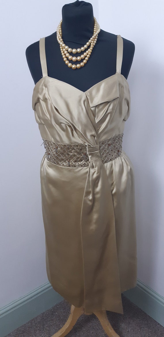 1950s Frank Usher Gold beaded cocktail dress - image 1