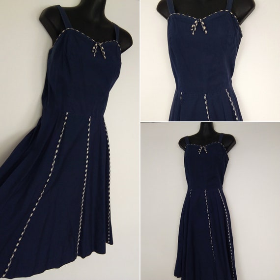 1940s navy white piping sundress