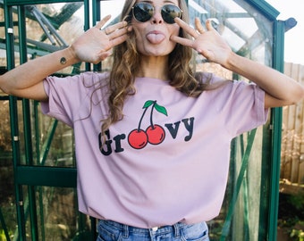 Groovy Women’s Slogan T-Shirt With Cherry Graphic