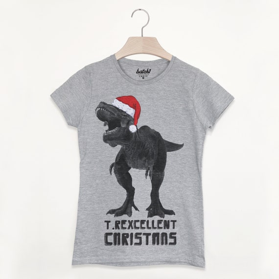 BATCH1 T-REX WITH SANTA HAT CHRISTMAS DINOSAUR NOVELTY XMAS FESTIVE KIDS T-SHIRT