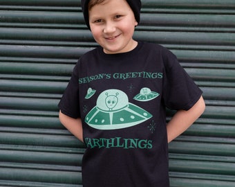 Seasons Greetings Boys' Alien Christmas T-Shirt in Black