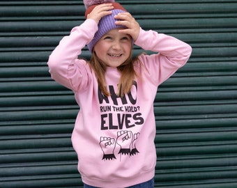 Who Run The World Elves Girls' Christmas Jumper in Pink