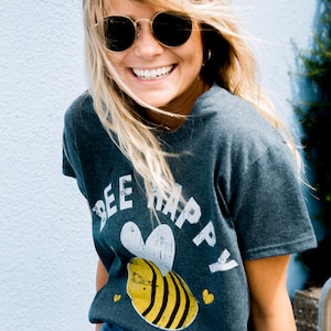 Bee Happy Women's Slogan T Shirt Dark Grey