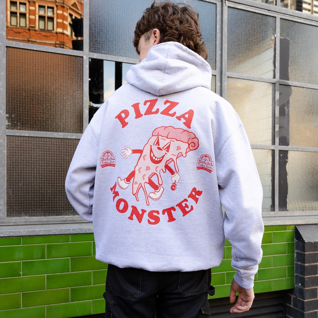 Pizza Monster Unisex Vintage Style Graphic Hoodie in Grey - Etsy