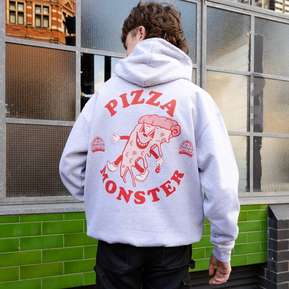 Pizza Monster Unisex Vintage Style Graphic Hoodie in Grey - Etsy