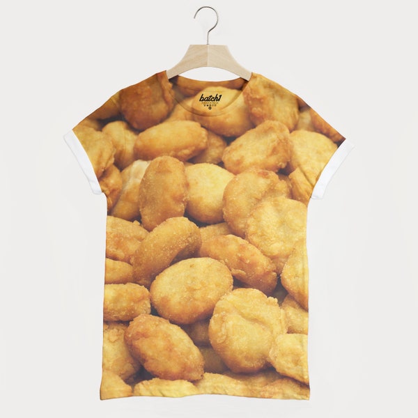 Nuggets de pollo por todas partes Estampado de moda Novedad Comida rápida Camiseta unisex