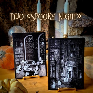 Duo Spooky Night Cards Ghost Haunted House Creepy Spooky Black and white image 1