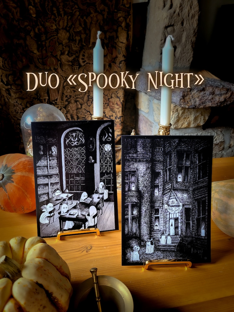 Duo Spooky Night Cards Ghost Haunted House Creepy Spooky Black and white image 1