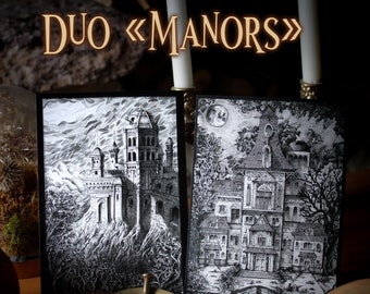 Duo "Manors - Ghosts - Mansions - Manor - Haunted - Creepy - Spooky - Ink - Line art