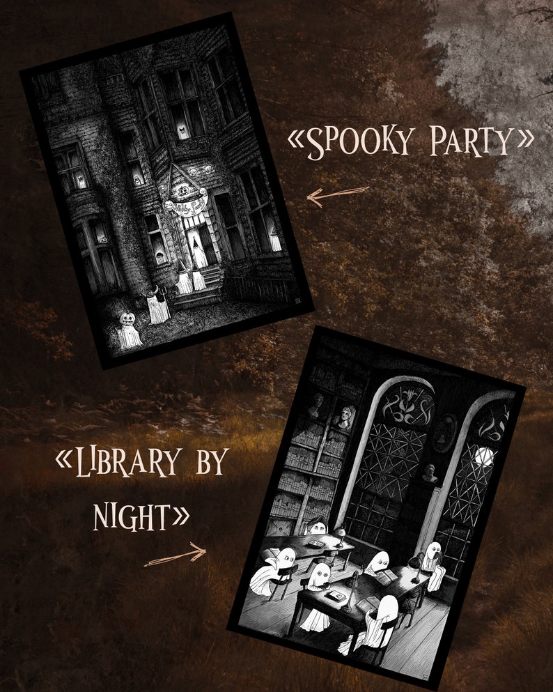 Duo Spooky Night Cards Ghost Haunted House Creepy Spooky Black and white image 2