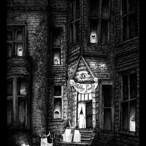 Duo Spooky Night Cards Ghost Haunted House Creepy Spooky Black and white image 3