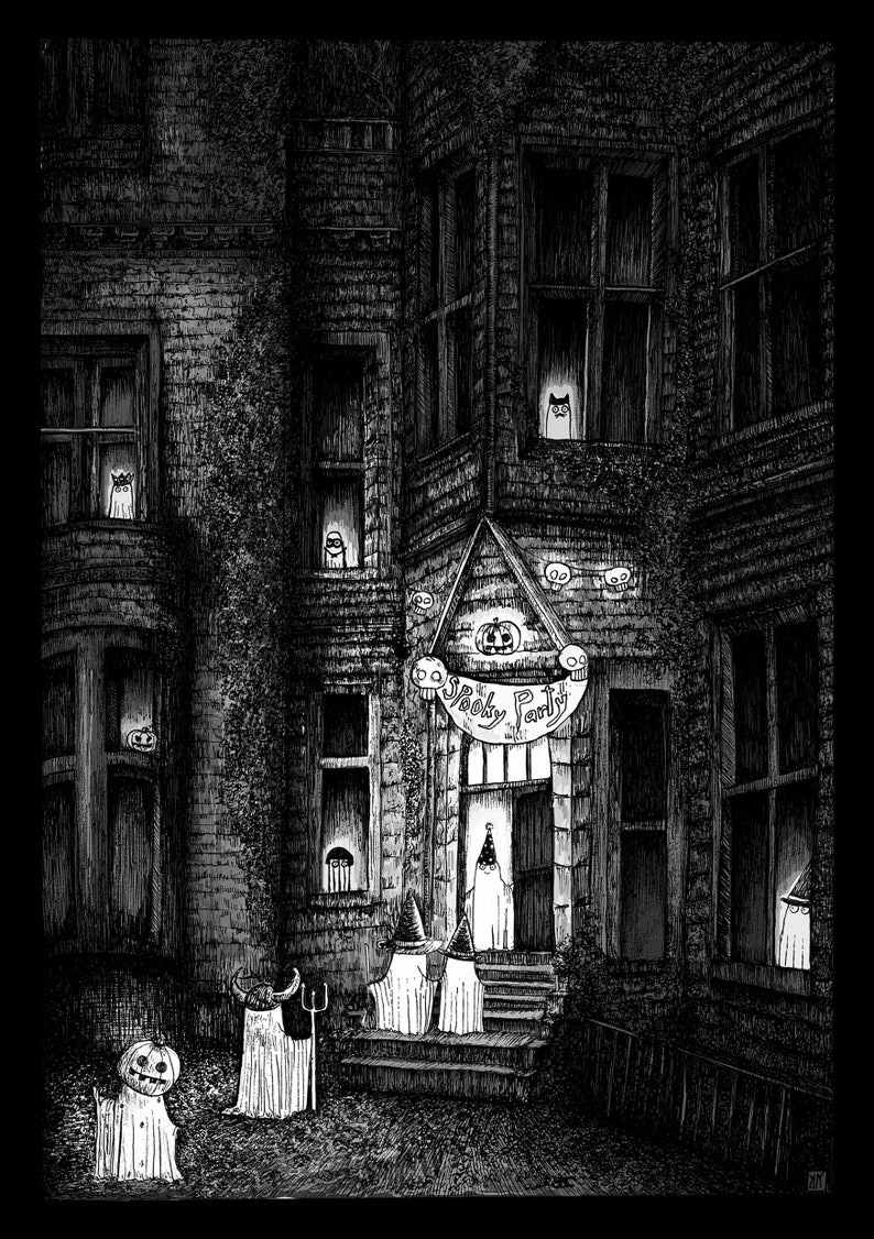 Duo Spooky Night Cards Ghost Haunted House Creepy Spooky Black and white image 3