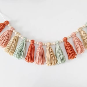 Wood Bead Terrazzo Tassel Garland for Boho Nursery Decor, Earthy yarn tassel bunting banner, boho wall decor boy