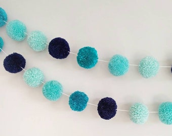 Blue Pom Pom Garland, pom pom garland, pom pom garland for nursery, playroom decor, Blue birthday pom pom garland, mint pom pom,