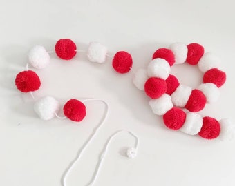 White and Red Valentines Day mantle decor, pom pom garland wall decor for Valentines day, Galentines day pom pom garland photo backdrop