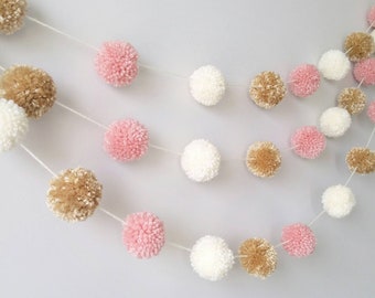 Blush Pink Pom Pom Garland, Shabby Chic decor, Pink and Cream Nursery Garland, Baby Girl Nursery, girl baby shower garland, baby photo prop