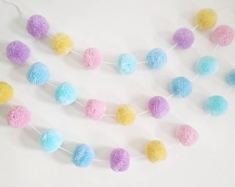 Pastel Pink and Blue Gender Reveal Pom Pom Garland, Girl or Boy Baby Shower Garland Decoration, Gender Neutral yarn pom pom garland bunting