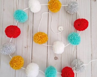 Red White and Aqua pom pom garland, Pom Pom Garland, Carnival Nursery decor, Playroom garland, Vintage circus garland, 1st birthday shoot