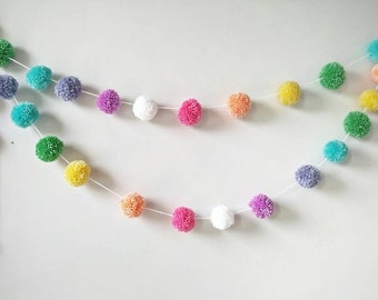 pastel pom pom garland, girl baby shower, birthday party garland, playroom decor, pastel rainbow garland, girl nursery decor, photo prop