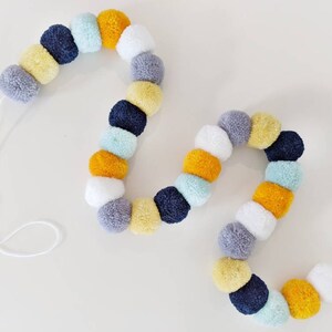 Grey Mustard Pompom Garland, Pompoms, Aqua and Navy Nursery Decor, 1st Birthday Party Decoration, Yarn Pom Poms, Playroom Decor,