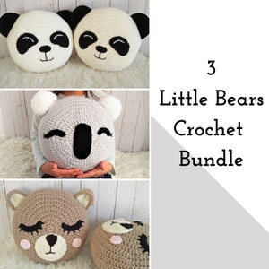 Crochet Pattern Bundle, pillow patterns, crochet pillows, printable pdf, crochet bear patterns, panda bear, koala bear, brown bear, image 1