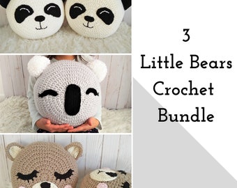 Crochet Pattern Bundle, pillow patterns, crochet pillows, printable pdf, crochet bear patterns, panda bear, koala bear, brown bear,