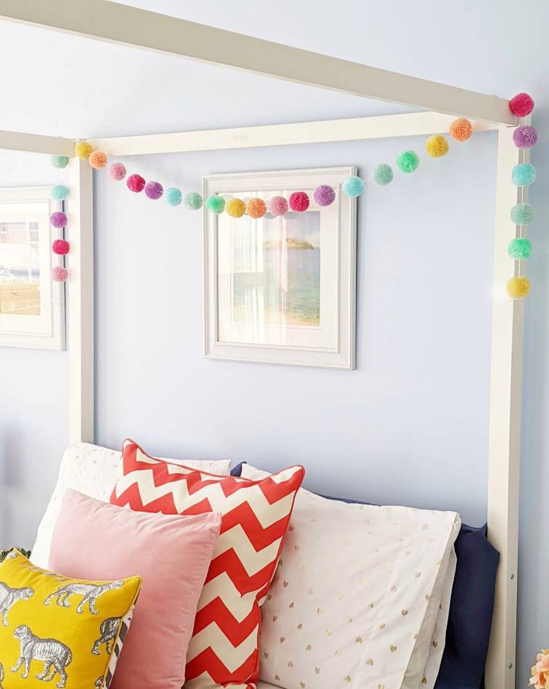 Pom Pom Garland, Pom Pom Bunting, Pastel Rainbow Garland, Yarn Pom Poms