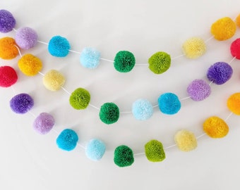 Pom Pom Garland, rainbow pom pom garland, nursery garland, play room decor, pom pom wall decor, pom pom bunting, rainbow baby decor