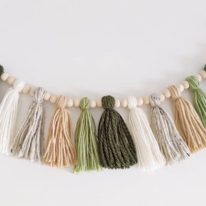 Woodland Greenery Tassel Garland with Natural Wooden Beads, Forest Green and Cream Tassel Bunting Banner for Jungle Nursery Decor, Succulent