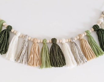 Woodland Greenery Tassel Garland with Natural Wooden Beads, Forest Green and Cream Tassel Bunting Banner for Jungle Nursery Decor, Succulent