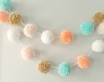 Peach Mint and Gold Pom Pom Garland, Girl 1st birthday decoration, Pink and Mint Baby Shower, Party Backdrop, Nursery Garland, Pom Pom Decor