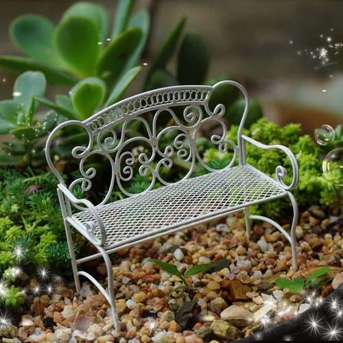 Mini  Bench Fairy Iron White Chairs , Doll House Fairy Miniature Cottage Garden Moss Succulent Terrarium Plant DIY Accessories