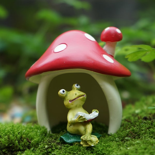 Fairy Red Mushroom House and Reading Frog , Toad House Red with White Dot Resin Miniature Fairy Garden Moss Succulent Plant DIY Accessories